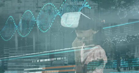 Animation of data processing over caucasian girl with vr headset - Powered by Adobe