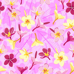 frangipani plumeria seamless pattern. pink floral pattern. floral garden. tropical flowers pattern. pink background. good for fabric, fashion, dress, wallpaper, backdrop, background.