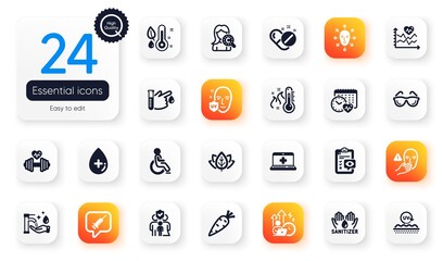 Set of Healthcare flat icons. Collagen skin, Eye checklist and Washing hands elements for web application. Medical help, Blood donation, Uv protection icons. Thermometer. Vector