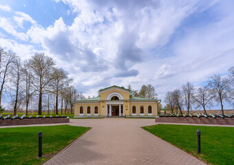 Borodino Museum in the Imperial Park in the village of Borodino against the backdrop of copper cannons