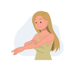Skin care concept. Beauty Girl using lotion,Take Care of her Body Skin.Flat cartoon vector illustration.