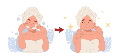 skin care concept. Before, after.clean facial.Flat vector 2d cartoon character illustration.