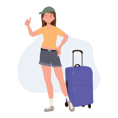 Tourism concept.adventure tourism.female traveler with luggage.Flat cartoon character vector illustration.