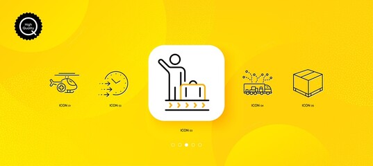 Delivery box, Luggage belt and Delivery time minimal line icons. Yellow abstract background. Medical helicopter icons. For web, application, printing. Vector