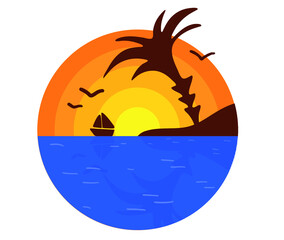 Vector simple colorful illustration: round logo, sea sunset view