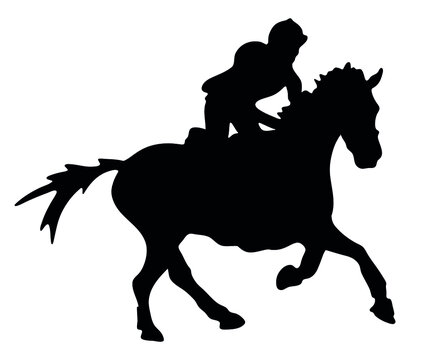 Black and white vector flat illustration: racing horse and rider silhouette