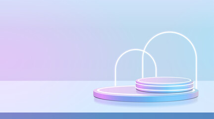 Futuristic cyber stage with 3d neon podium glowing for Product display presentation in pastel colors background.