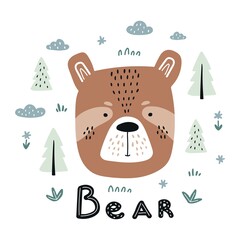 Cute cartoon bear face with forest elements. Hand-drawn vector illustration in Scandinavian style. Children's print for the nursery, children's clothing, poster, postcard.