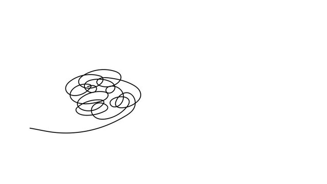 Process of solving, unleashing problems animation. Steps from a complex problem to a simple business solution. Chaotic lines and doodles turn into a light bulb. Brainstorming video.