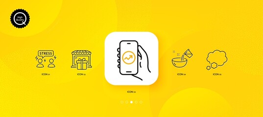 Fototapeta na wymiar Financial app, Gift shop and Talk bubble minimal line icons. Yellow abstract background. Difficult stress, Cooking water icons. For web, application, printing. Vector