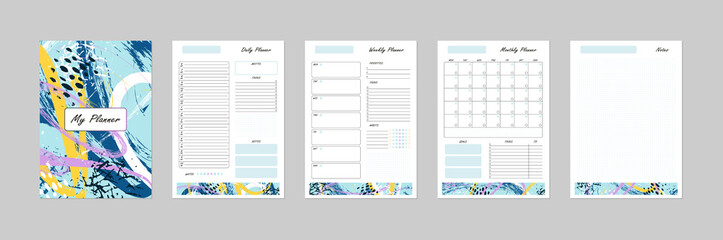 Vector modern abstract planner template with cover. Daily, weekly, monthly page set. Printable business organizer, calendar, weekly schedule, to do list, habit tracker, bujo. Blue colorful design