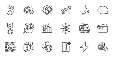 Outline set of World communication, Cashback and Binary code line icons for web application. Talk, information, delivery truck outline icon. Include Messenger mail, Chat, Refrigerator icons. Vector