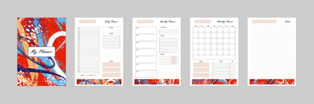 Vector modern abstract planner template with cover. Daily, weekly, monthly page set. Printable business organizer, calendar, weekly schedule, to do list, habit tracker, bujo. Red colorful design