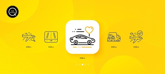 Fototapeta na wymiar Gps, Honeymoon travel and Delivery truck minimal line icons. Yellow abstract background. Search flight, Confirmed flight icons. For web, application, printing. Vector