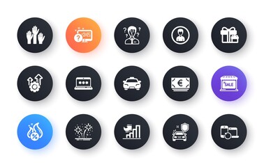 Minimal set of Car secure, Seo gear and Person flat icons for web development. Support consultant, Fireworks, Hot loan icons. Online quiz, Taxi, Laptop password web elements. Vector