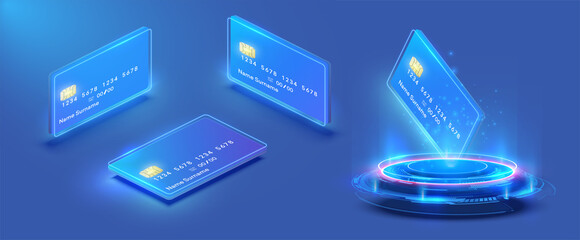 Fototapeta Credit card in various positions, side, top on an isolated blue background. Futuristic projection, hologram of a blue blank credit card. Business, financial concept. Credit card isometric set. obraz