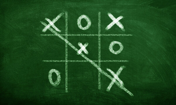 Tic-tac-toe game strategy on chalkboard – Xs and Os symbol of planning and teamwork