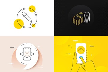 Minimal set of Augmented reality, Cloud computing and Savings line icons. Phone screen, Quote banners. Chemistry pipette icons. For web development. Vector