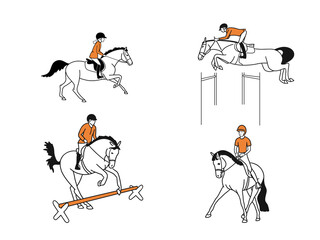 Set of pictures on the theme of a variety of equestrian sports, dressage, show jumping, pony sport