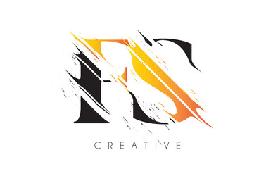 Black and Yellow FS Letter Logo with Vintage Grundge Drawing Design. Destroyed Cutted Letter Icon Vector.