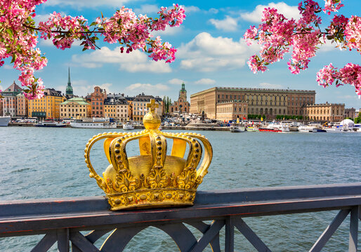 Stockholm old town cityscape with Royal palace and Royal crown in spring, Sweden