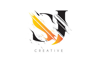 Black and Yellow SJ Letter Logo with Vintage Grundge Drawing Design. Destroyed Cutted Letter Icon Vector.
