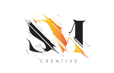Black and Yellow SM Letter Logo with Vintage Grundge Drawing Design. Destroyed Cutted Letter Icon Vector.