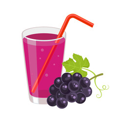 Grape juice in a glass with tube for drinking. Healthy organic  fresh drink icon. Branch with berries. Vector illustration in flat style isolated on white. Taking natural vitamins. 