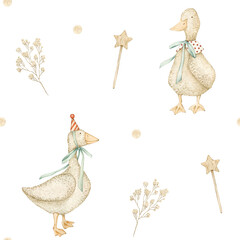 Watercolor seamless pattern with toy goose, stars, branches, dots. Isolated on white background. Hand drawn clipart. Perfect for card, postcard, tags, invitation, printing, wrapping.
