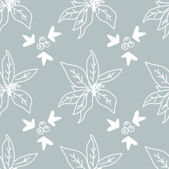Vector seamless pattern Christmas botanicals in white line on gray background.Repeating,floral print  in a minimalist style.Designs for textiles,wrapping paper,fabric,packaging.