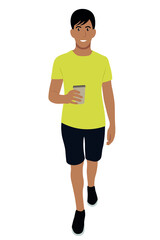 Fototapeta na wymiar Full length portrait of a indian guy who walks with a paper cup of coffee in his hand, vector isolated on a white background, coffee to go