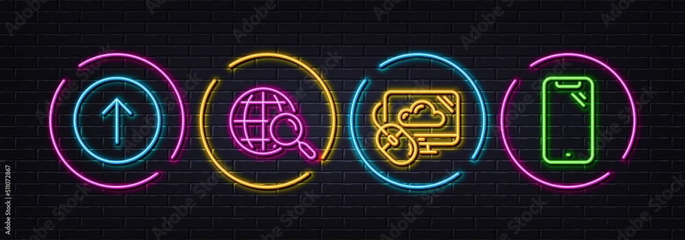 Poster cloud computing, swipe up and web search minimal line icons. neon laser 3d lights. smartphone icons.
