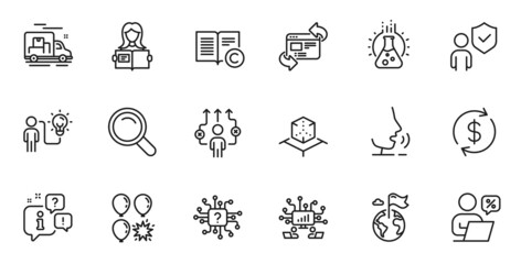 Outline set of Balloon dart, Security and Business way line icons for web application. Talk, information, delivery truck outline icon. Include Copyright, Teamwork, Chemistry lab icons. Vector