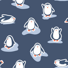 Cute penguins having fun over the ice in a winter childish cartoon seamless pattern background print inspired by sticker design with a white border. Vector illustration in blue, orange, and white