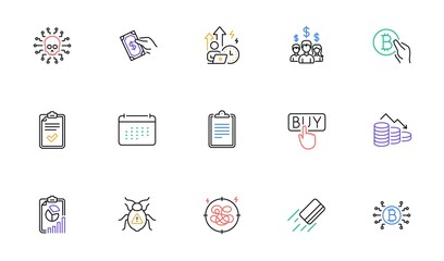 Bitcoin system, Bitcoin pay and Buying line icons for website, printing. Collection of Cyber attack, Salary employees, Calendar icons. Stress, Money loss, Report web elements. Vector
