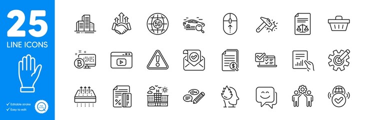 Outline icons set. Keywords, Smile face and Swipe up icons. Online survey, Financial documents, Warning web elements. Video content, Legal documents, Cogwheel signs. Deal. Vector