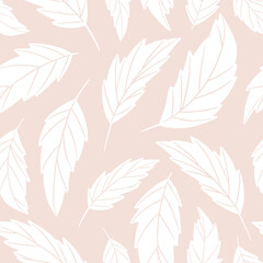 Subtle neutral botanical pattern design with white winter leaves over beige background print. Hand drawn vector illustration in blue and white colors. Surface pattern design for kids.