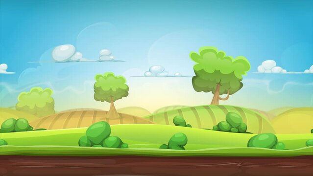 Cartoon Country Landscape Animation Loop/
4k animation of a cartoon seamless country landscape, with agriculture fields, parallax motion effect, trees, clouds and smoke shapes
