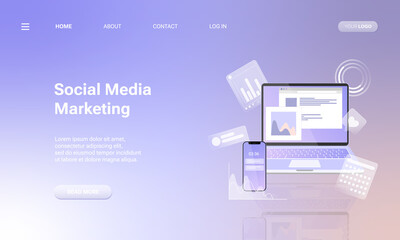 Landing page template with laptop computer, charts, internet indicators and smartphone. Concept of online tool or service for social media analytics and SMM. Vector illustration for website.