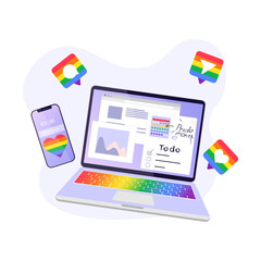 Pride Month vector illustration with smartphone, laptop and social media icons in rainbow colors LGBT colors on abstract background