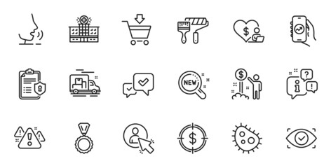 Outline set of User, Warning and Volunteer line icons for web application. Talk, information, delivery truck outline icon. Include Income money, Approve, Dollar target icons. Vector