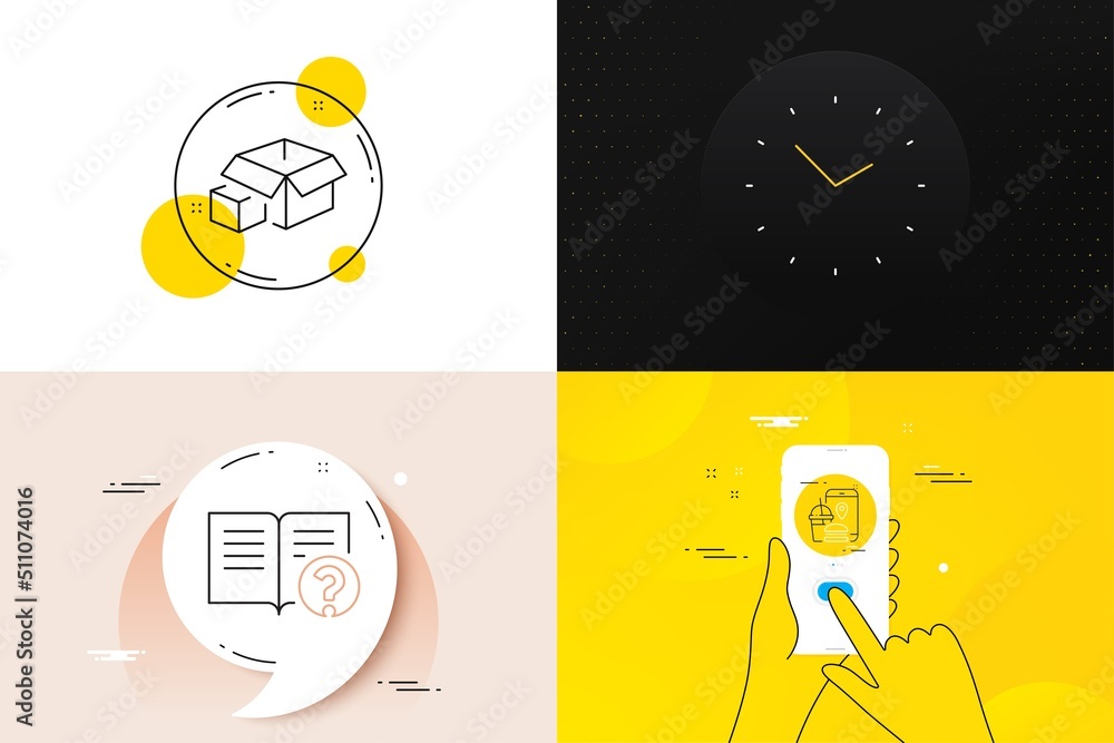 Aufkleber minimal set of time, help and packing boxes line icons. phone screen, quote banners. food app icons.