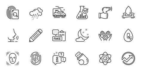 Outline set of Water splash, Night weather and Fake document line icons for web application. Talk, information, delivery truck outline icon. Include Rainy weather, Pencil, Audit icons. Vector