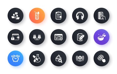 Minimal set of Feather signature, Sconce light and Headphones flat icons for web development. Water glass, Chemistry experiment, Lock icons. Cooking water, Moisturizing cream. Vector