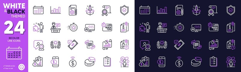 Contactless payment, Calendar and Startup line icons for website, printing. Collection of Certificate, Documentation, Pie chart icons. Approved shield, Report diagram. Bicolor outline icon. Vector