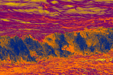 Colorful textured background. Virtual storm waves. Paints associated with hot lava - red, yellow, blue and orange to serve as wallpaper on the theme of art and design.
