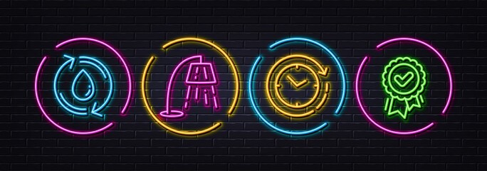 Time change, Stand lamp and Refill water minimal line icons. Neon laser 3d lights. Approved award icons. For web, application, printing. Clock, Floor lamp, Recycle aqua. Verification. Vector