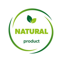 Natural food product label, sticker, badge and logo. Natural product food icon. Logo template with green leaves for natural food friendly products. Vector illustration.