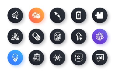 Minimal set of Report document, Water analysis and Time management flat icons for web development. Augmented reality, Chemistry pipette, Fair trade icons. Capsule pill, Report. Vector