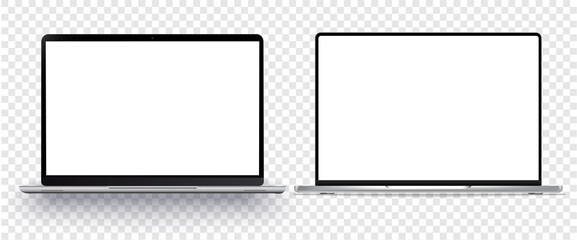 A set of realistic laptops with blank screens isolated on a white background. Laptop front view, well suited for product presentation. Stock vector illustration. - obrazy, fototapety, plakaty